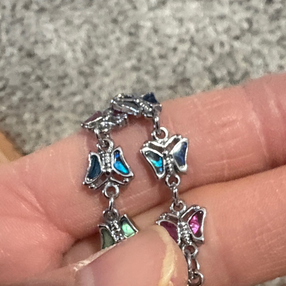 VINTAGE MULTICOLORED ABALONE SHELL BUTTERFLY SILVER-TONE 14 - 17" NECKLACE - Picture 7 of 10